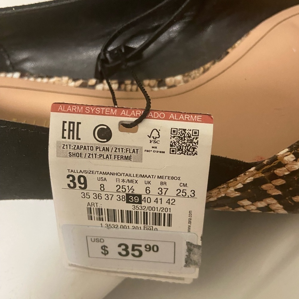 Zara trafaluc snakeskin and black flats new size 8 - Picture 8 of 10